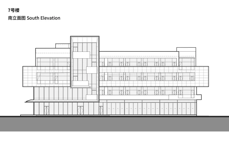 South elevation drawing showing a horizontal building with a vertical tower element on the left