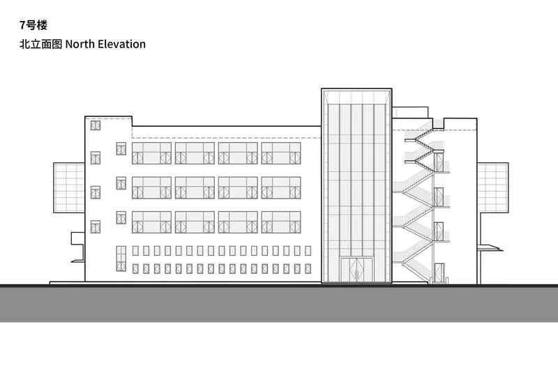 North elevation drawing showing a horizontal facade with an external stair and vertical tower