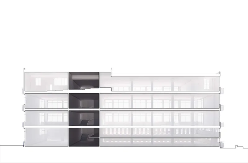 Section drawing showing a low-rise building with a dark vertical circulation core