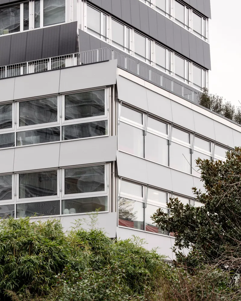 Corner balconies with metal railings and glazed openings framed by dense foliage below