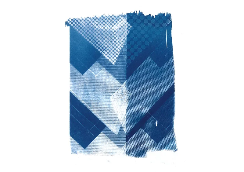 Collaged cyanotype print showing overlapping geometric facade patterns in shades of blue