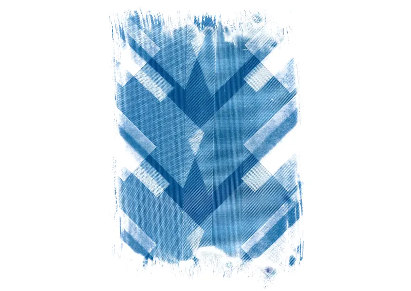 Cyanotype print depicting a symmetrical arrangement of overlapping architectural forms in blue tones
