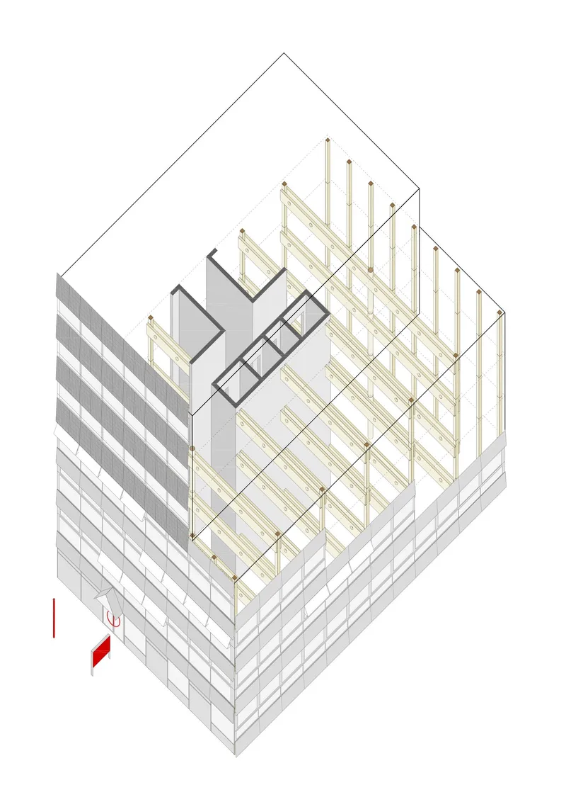 Axonometric drawing showing a multistory building with timber structural framing and horizontal floor plates
