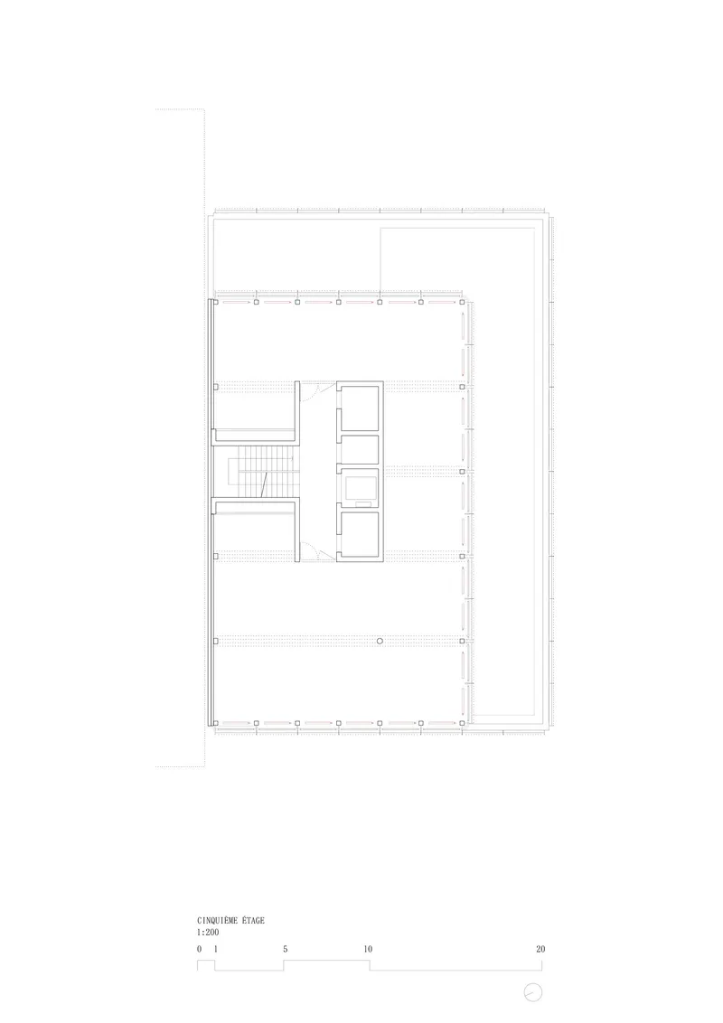 Floor plan drawing depicting a central service core with attached extension on the right side