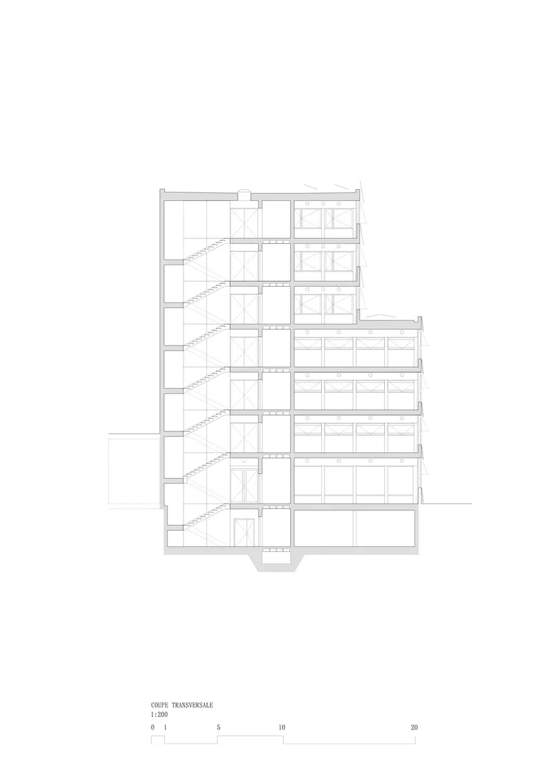 Section drawing revealing seven floors with visible stair runs connecting each level vertically