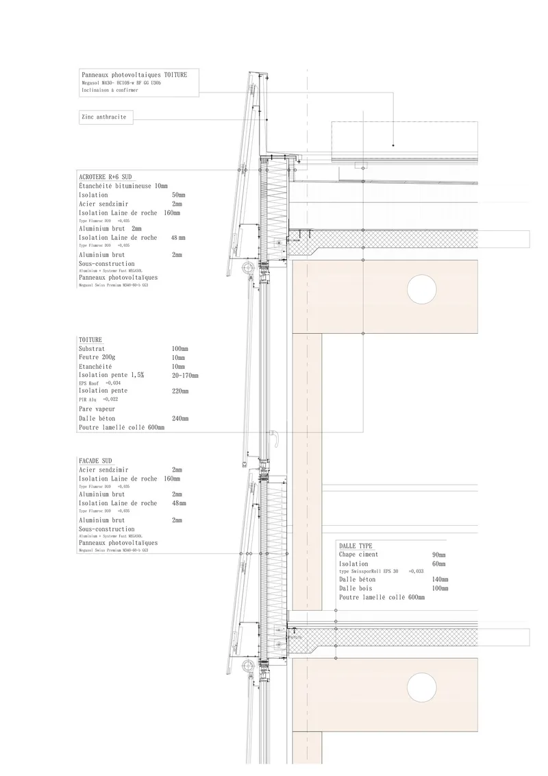 Detail section drawing showing facade assembly with insulation layers and structural connections annotated in French