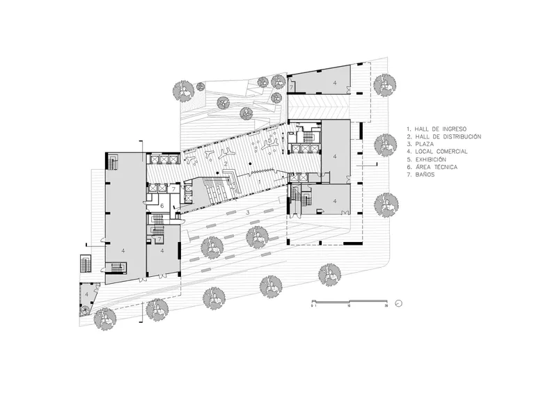 Ground floor plan drawing showing diagonal hall, courtyard trees, and ancillary rooms