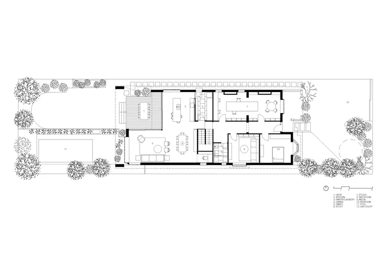 Ground floor plan drawing showing rooms arranged along a narrow site with landscaping