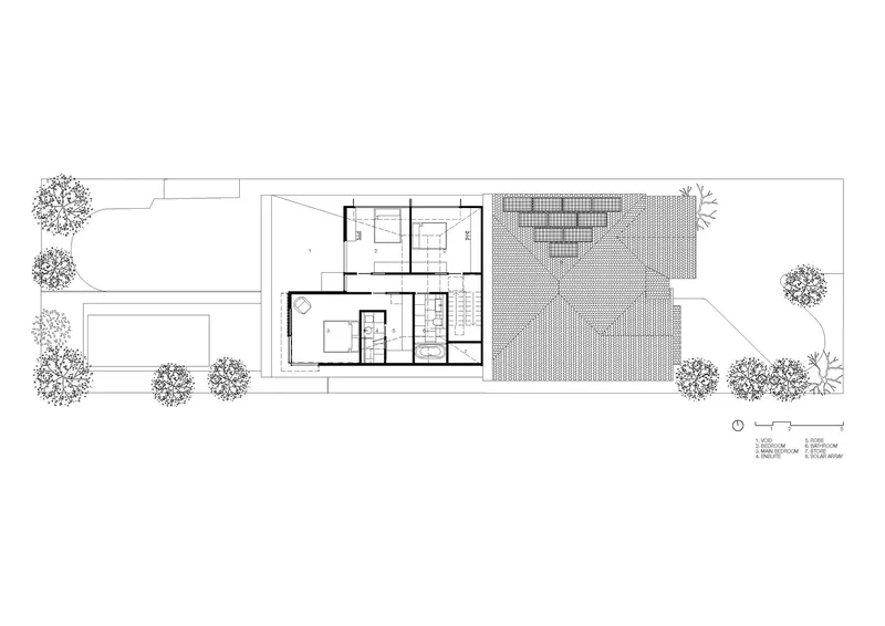 Upper floor plan drawing showing bedroom zones and a rooftop terrace with hatched paving
