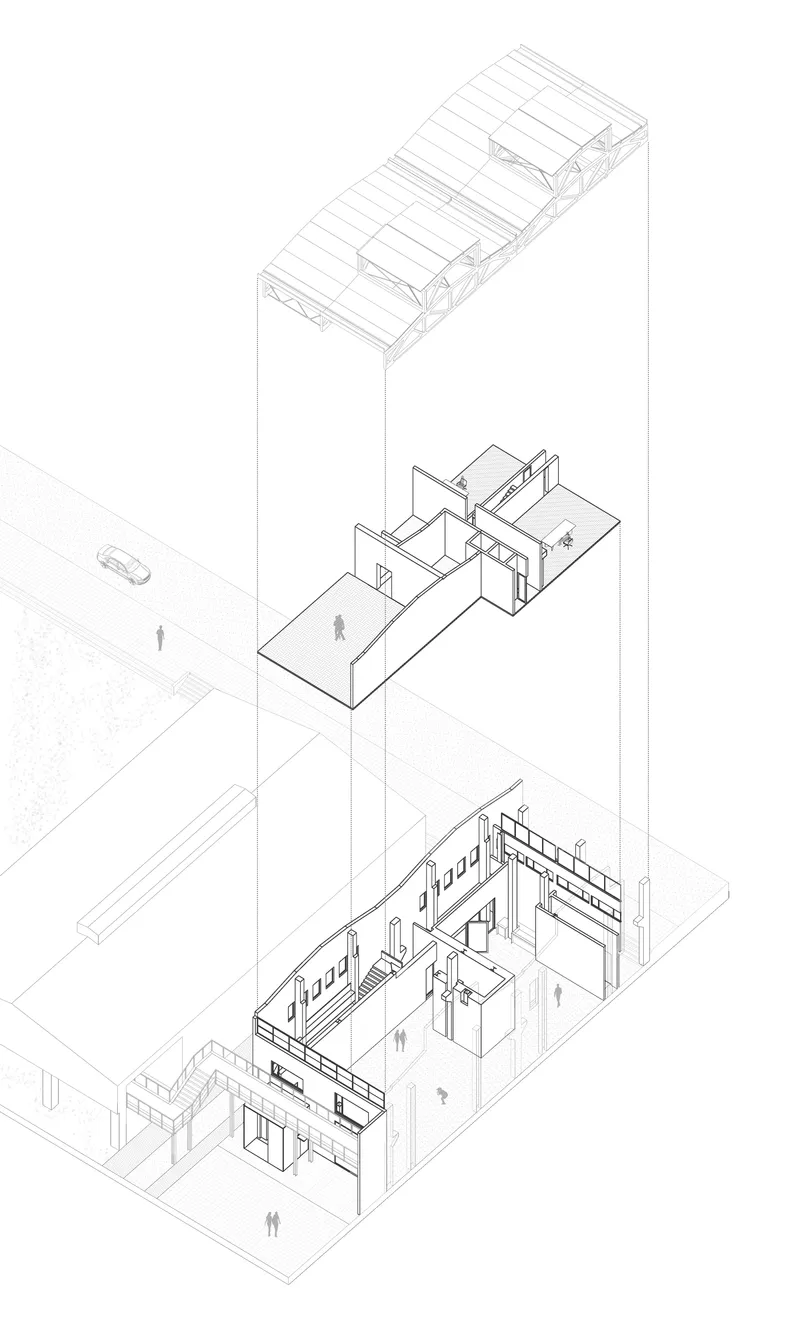 Exploded axonometric drawing showing three stacked floors, roof structure, and adjacent outdoor spaces