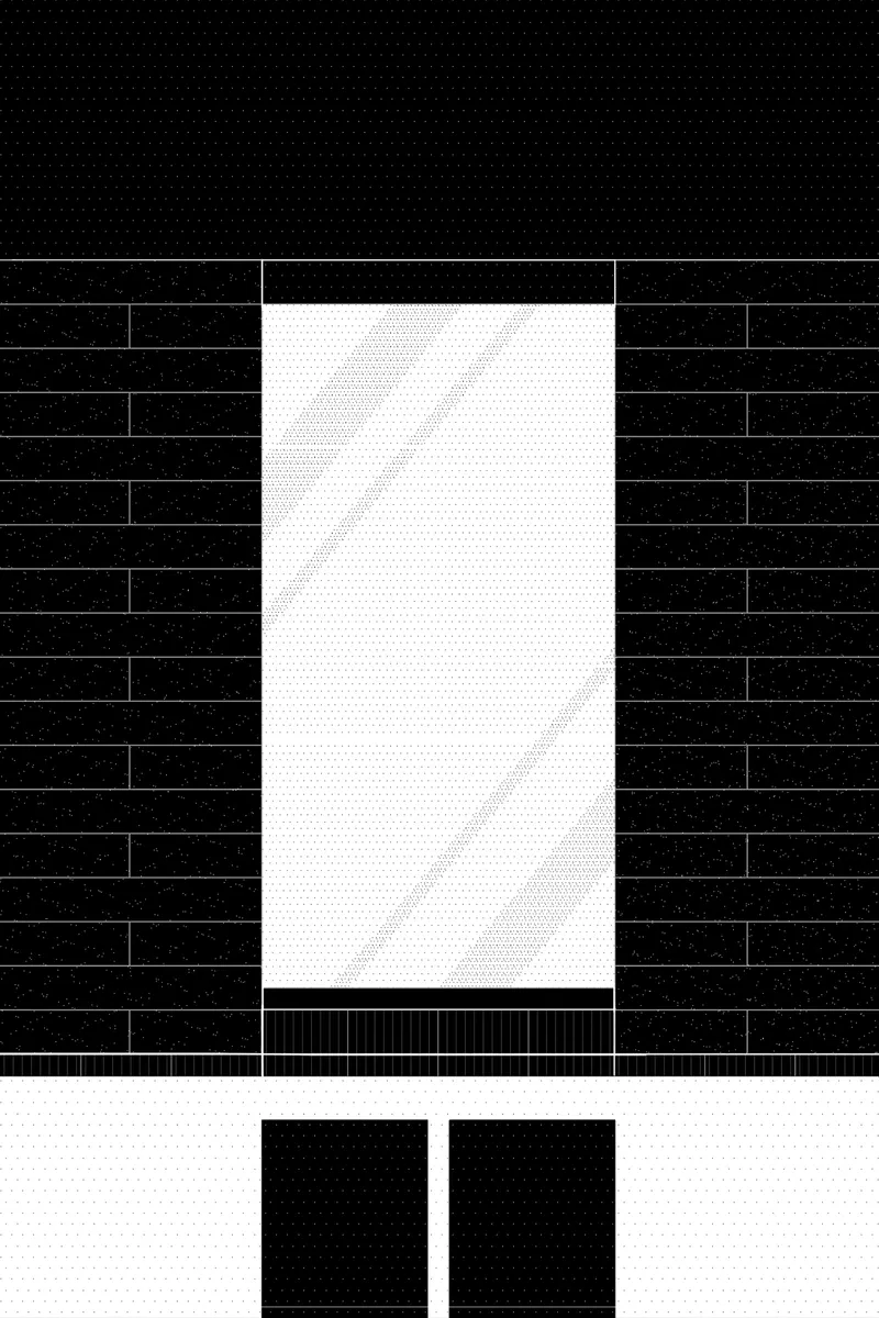 Elevation drawing showing a central courtyard volume flanked by horizontal brick or block courses