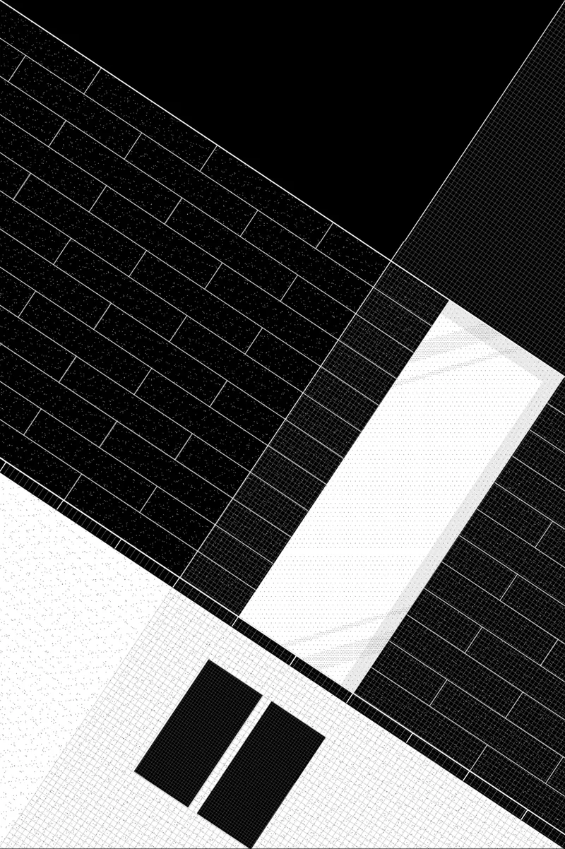 Aerial view of dark brick paving with white concrete volumes casting sharp shadows