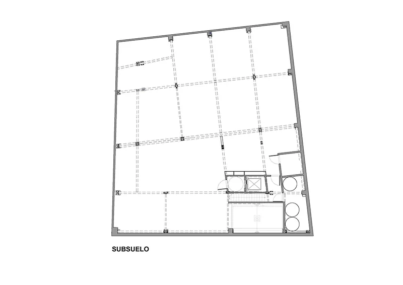 Basement floor plan drawing showing an open parking area with service rooms in the corner