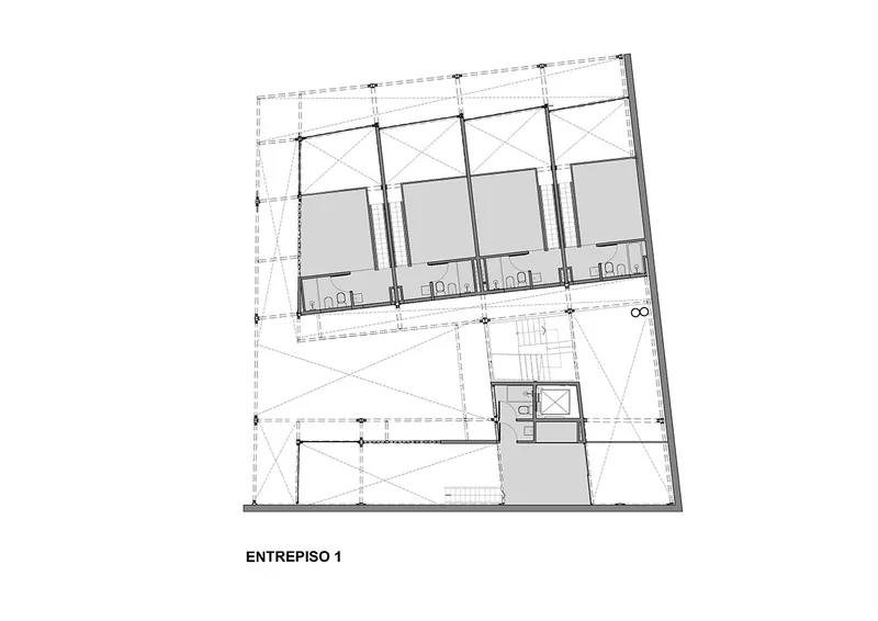 Mezzanine-level floor plan drawing showing four units with transparent structural grid and central circulation