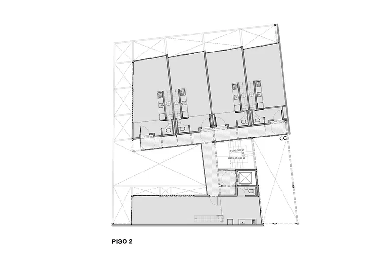 Second-floor plan drawing depicting four rental units with a diagonal structural bracing system visible at left