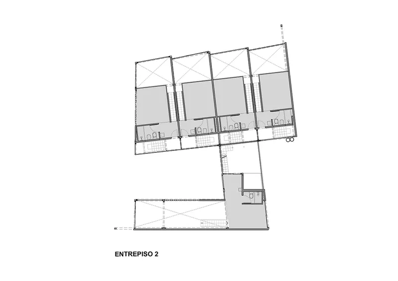Upper-level floor plan drawing showing four units with exposed cross-bracing and central stair connection