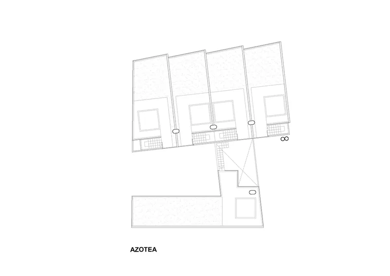 Roof-level plan drawing showing four terrace areas with stairs and service elements around the central core