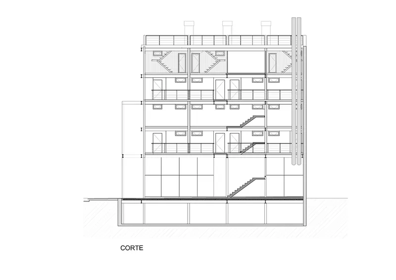 Building section drawing revealing four stacked floors with stairs connecting the multi-level residential volumes
