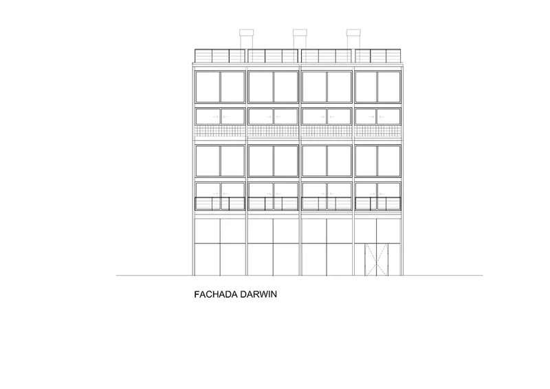 Elevation drawing showing a five-story facade with regular window bays and rooftop ventilation units
