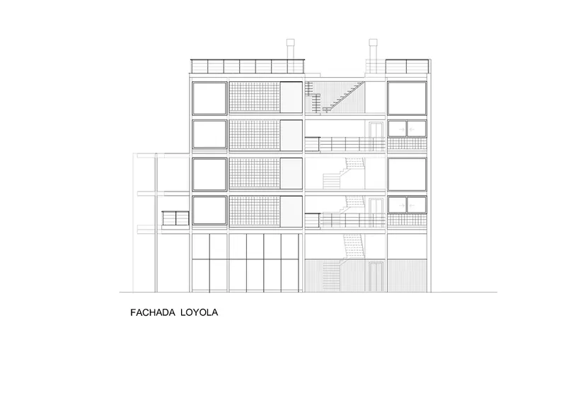 Elevation drawing depicting a facade with staggered balconies, perforated screens, and an exposed staircase