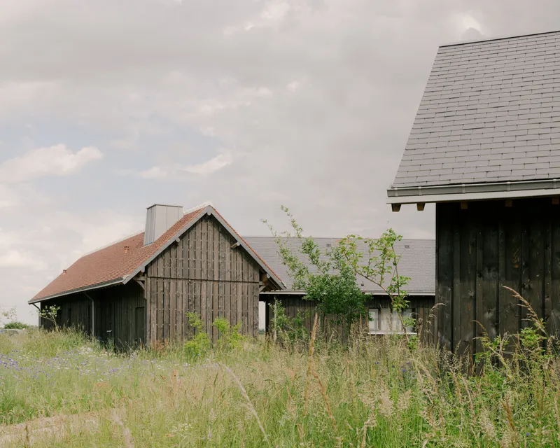 Weathered timber gable end with vertical boarding amid tall grasses under a cloudy sky