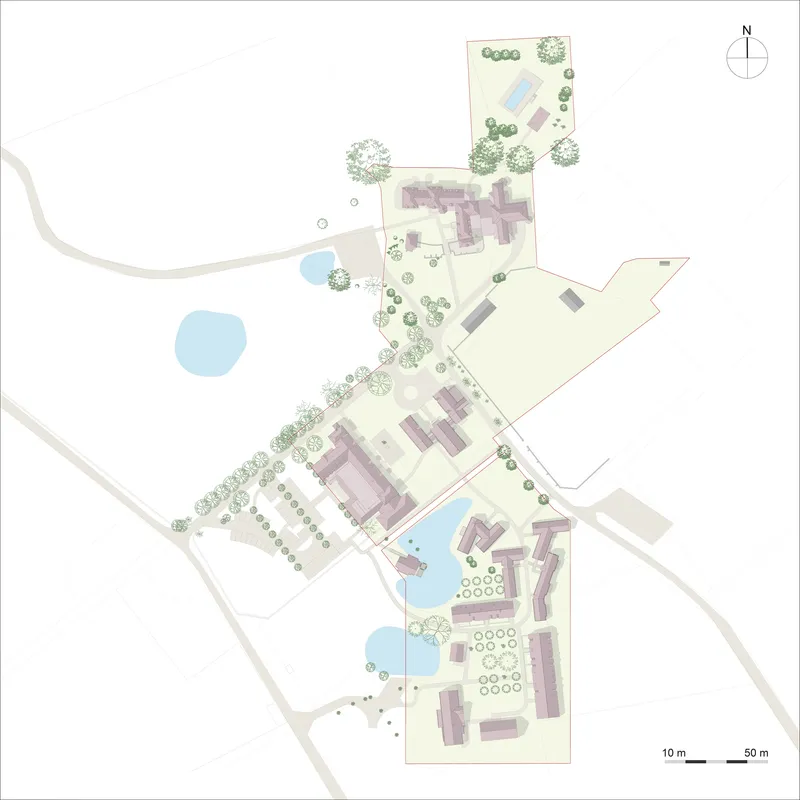 Rendered site plan showing building clusters with water bodies and landscaped areas with north arrow