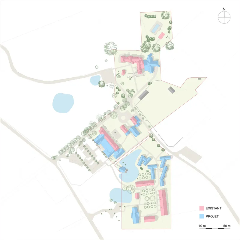 Site plan drawing showing a campus layout with existing and proposed buildings marked in pink and blue