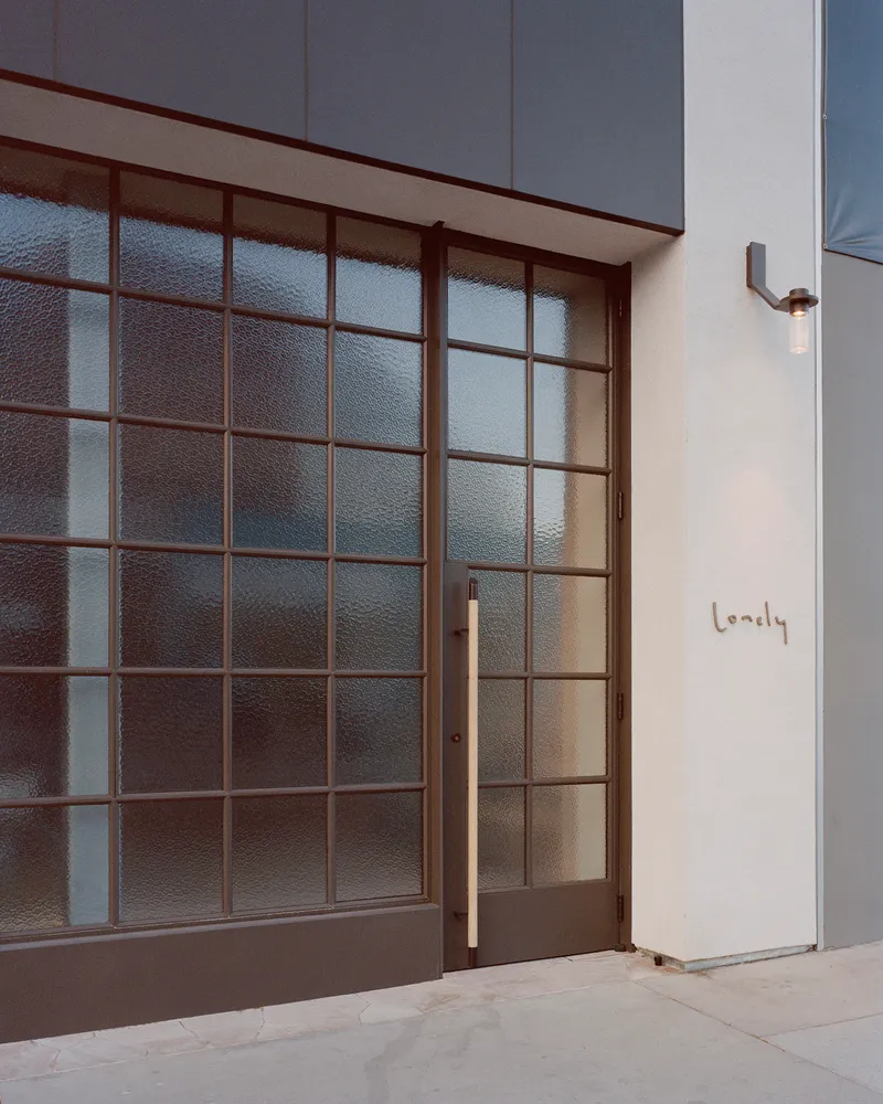 Detail of gridded translucent glass entry door with brass handle beside a wall sconce at dusk