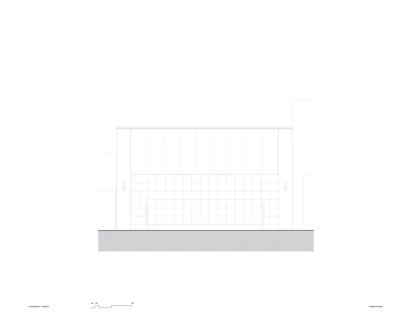 Elevation drawing depicting facade with latticed screen pattern above solid base plinth