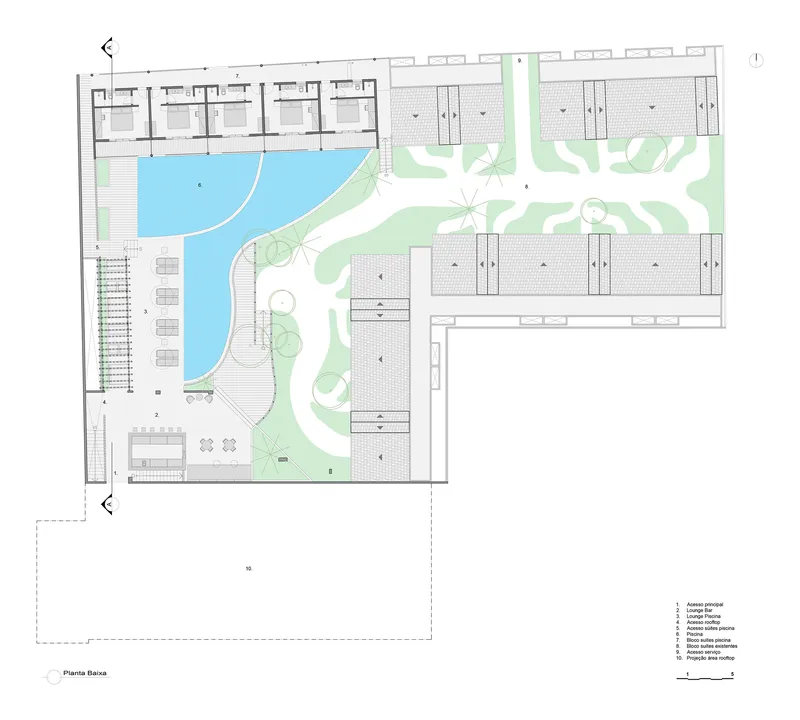 Floor plan drawing showing residential units with pool and landscaped courtyard zones