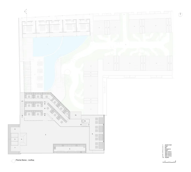 Floor plan drawing showing rooftop bar with angled seating rows and service areas