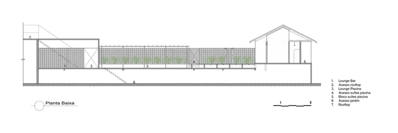 Section drawing cutting through bar lounge and pool deck with planted screening wall