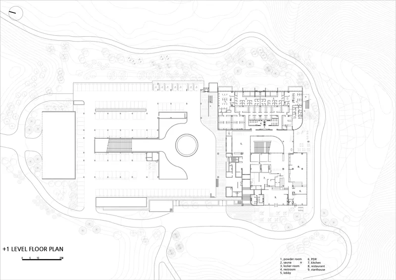 Level plus one floor plan drawing showing the main level with central courtyard and surrounding program zones