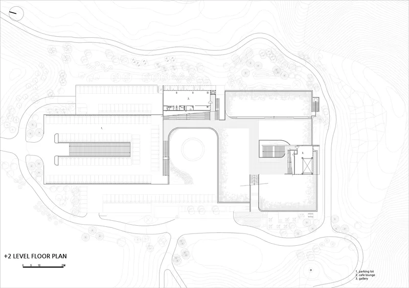 Level plus two floor plan drawing showing the upper level with roof terraces and reduced building footprint