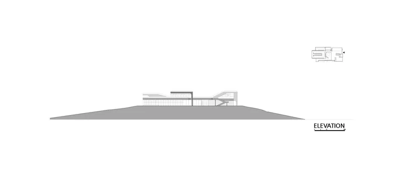 Elevation drawing showing the building nestled into a triangular hillside with varied roof volumes