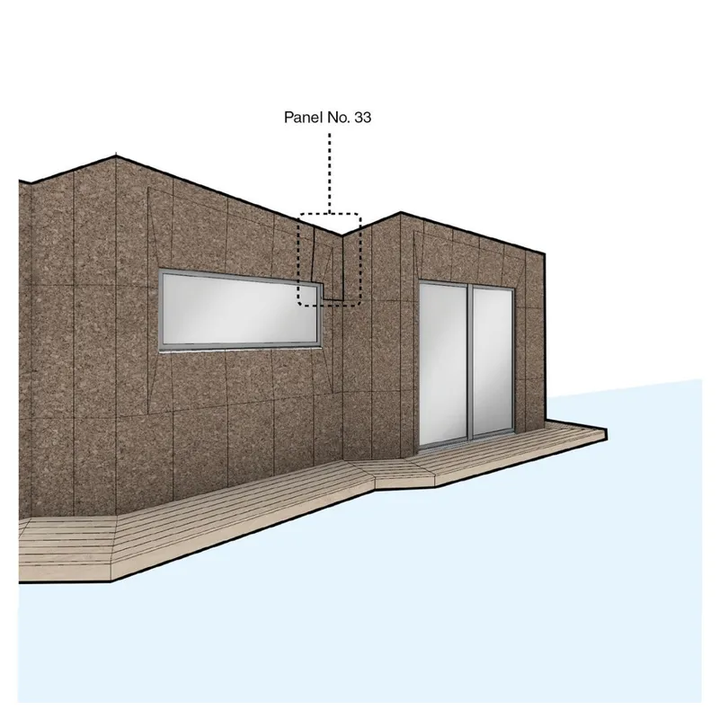 Elevation drawing showing cork-paneled facade with ribbon windows and cantilevered timber deck
