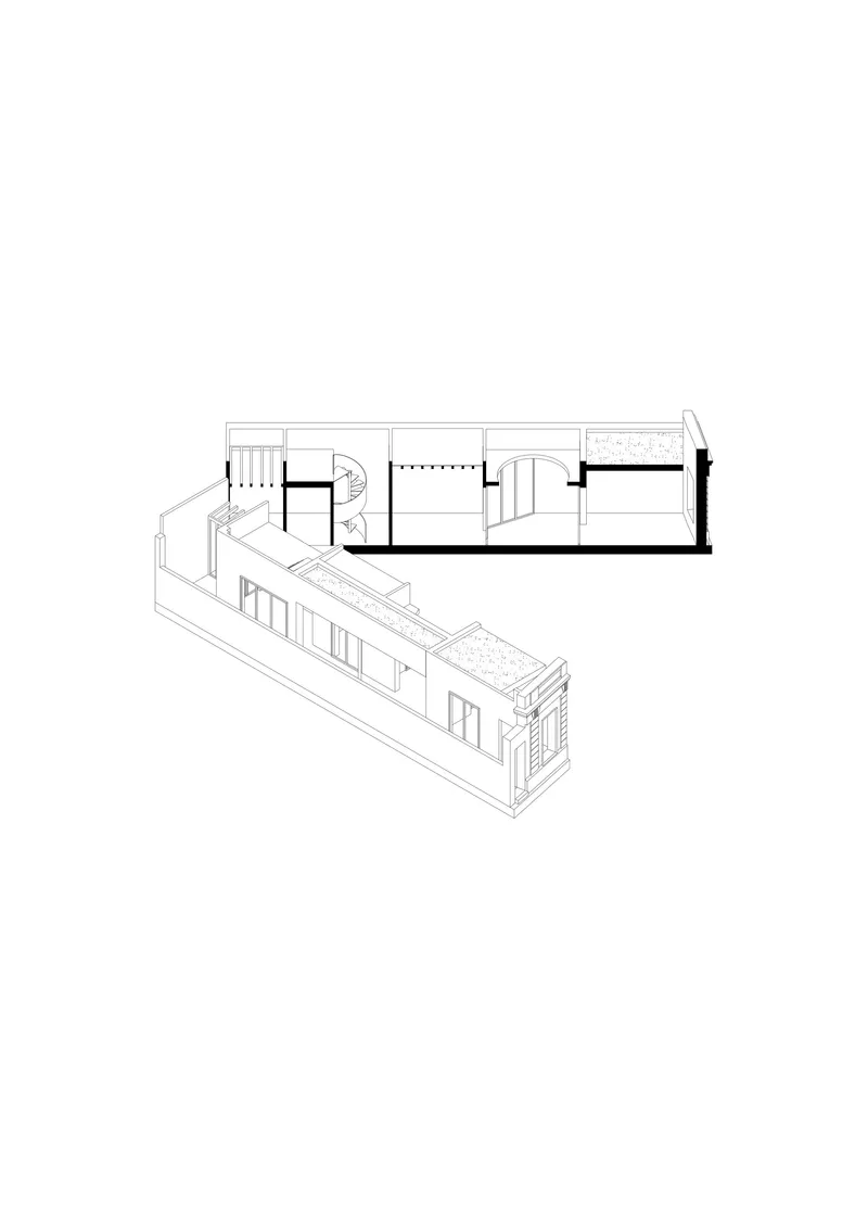 Axonometric drawing showing a linear building volume with an extended wing and interior partitions