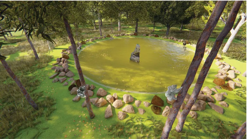 A reflective landscape feature honoring animals affected by bushfires while restoring habitat.