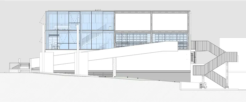 Elevation drawing depicting a glazed upper volume above a white podium with exterior stairs