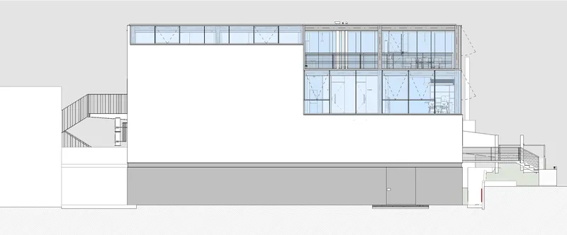 Elevation drawing showing a white volume with upper-level glazing and external staircase on the left