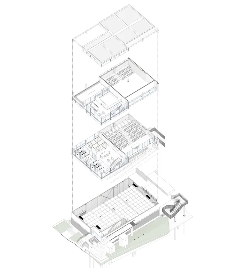 Exploded axonometric drawing illustrating four stacked floor levels with auditorium seating and circulation spaces