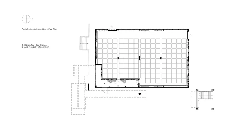 Lower floor plan drawing showing a large open storage grid with perimeter walls