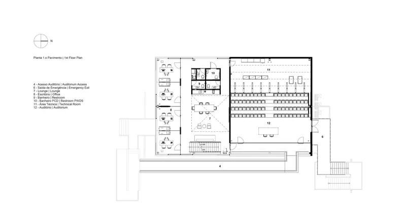 Floor plan drawing showing a large auditorium space alongside ancillary rooms and circulation areas