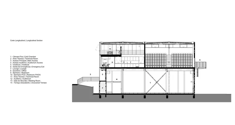 Longitudinal section drawing showing the two-story interior with an auditorium and mezzanine level above