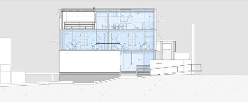 Elevation drawing showing a two-story glazed facade with a lower podium and adjacent stair