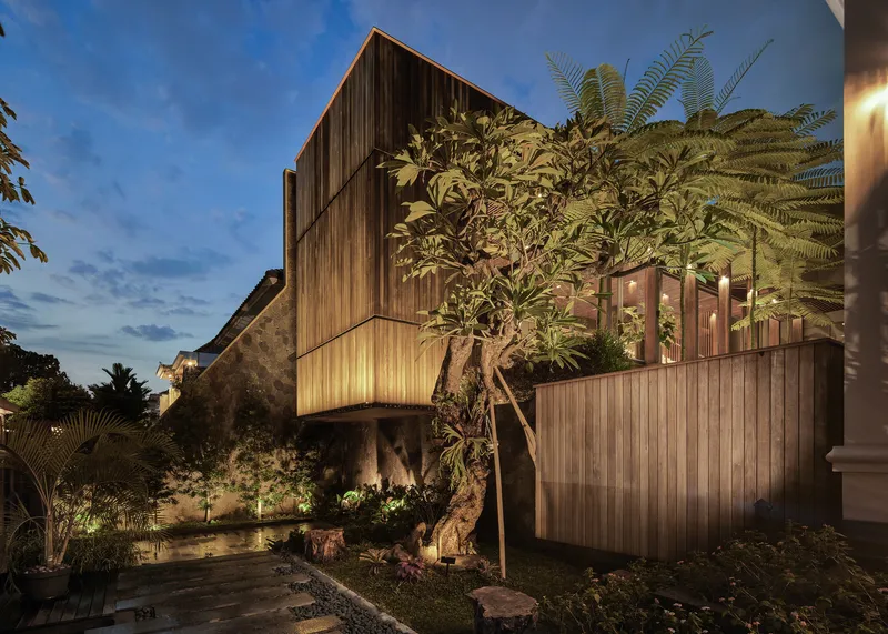 Timber-clad facade with cantilevered upper volume and mature trees illuminated at dusk