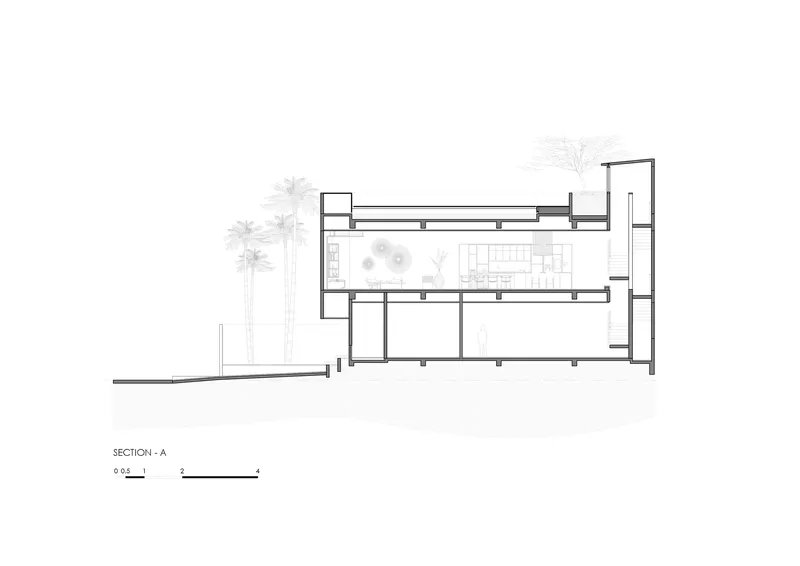 Section drawing showing a two-storey structure with an open upper level and adjacent palm trees
