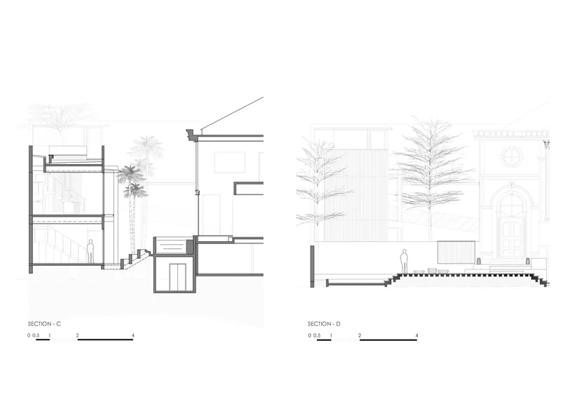 Two section drawings showing split-level interiors with trees and adjacent heritage building with arched windows