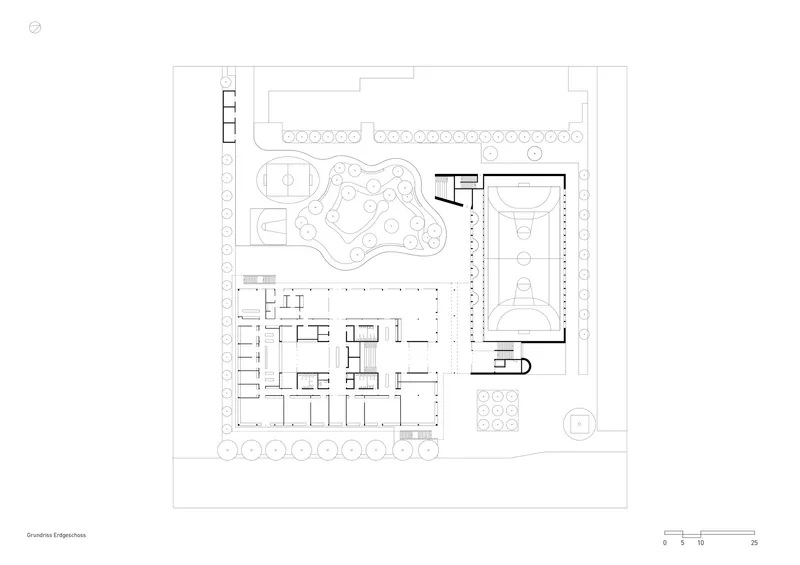Ground floor plan drawing showing interior rooms, a curved courtyard, and a circular gym