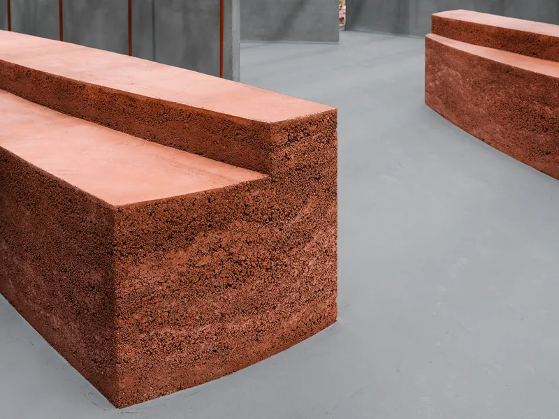 Red volcanic aggregate concrete bench with smooth top surface on a grey polished floor